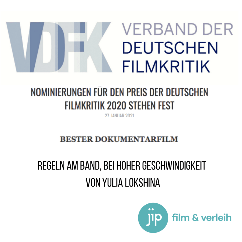 Regeln am Band, bei hoher Geschwindigkeit ist nominiert für den Preis der Deutschen Filmkritik 2020! Die Preisverleihung ist am 22. Februar. Alle nominierten Filme BESTER DOKUMENTARFILM sind von Regisseurinnen.